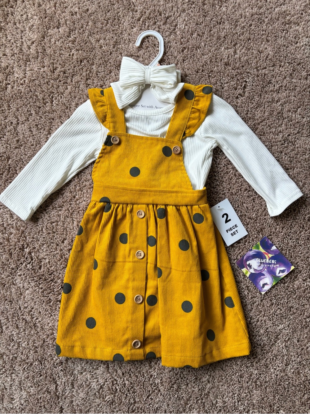 Mustard Polka Dot Jumper Dress with Cream Ribbed Top